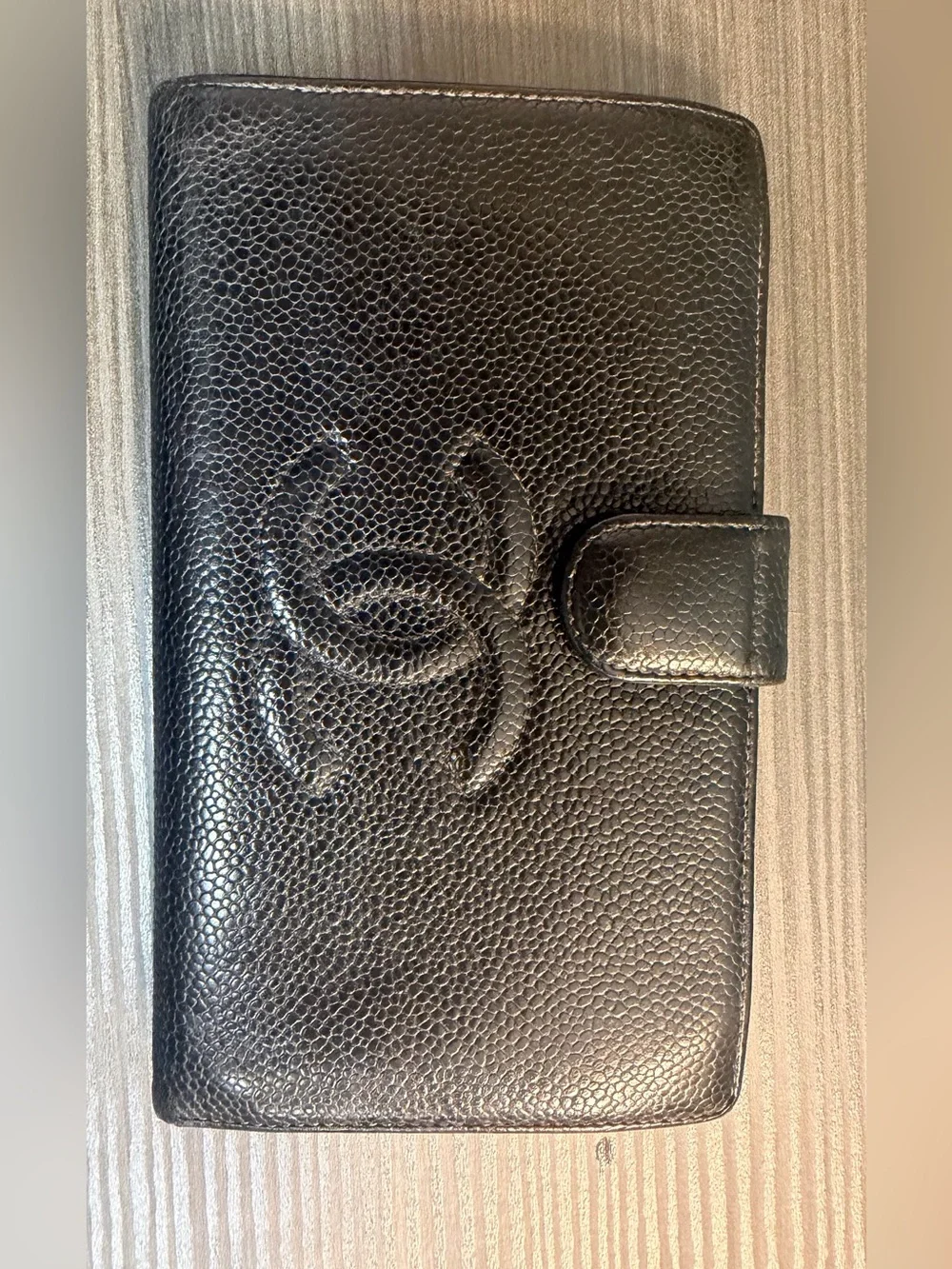 CHANEL Black Quilted Leather  Wallet   with Embossed Logo